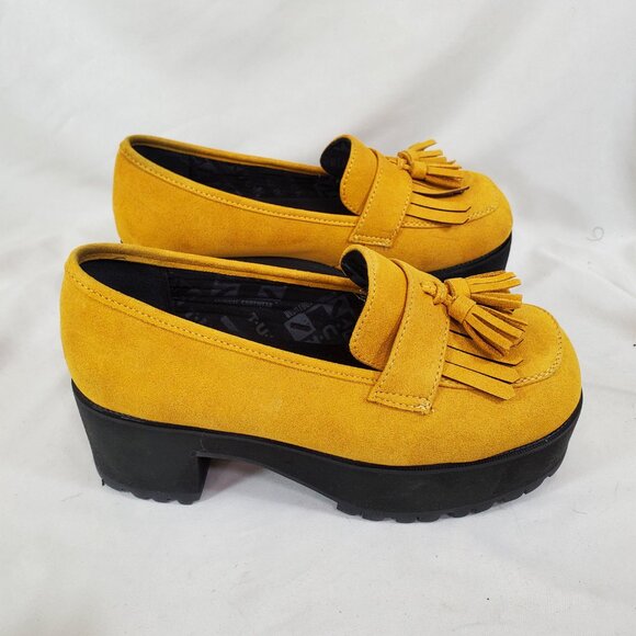 T.U.K. Mustard Faux Suede Fringe Loafer Platform TUK yellow - Picture 8 of 9